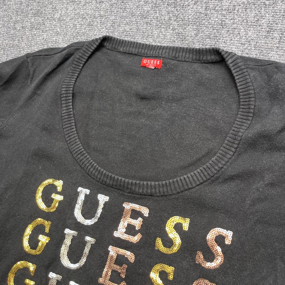 Guess Sequin Logo Bling Metallic Black Knit Scoop Neck Sweater